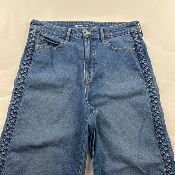 Old Navy Billie Blue Denim Sky Hi Braid Trim Wide Leg Jeans 10 - Picture 2 of 6